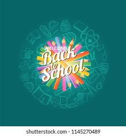 Back to school text in blue background. colored pencils and cute doodles. Vector. Cartoon style 