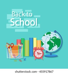 Back to school text. Books, textbooks, exercise books, organizer with Stationery, globe, alarm clock. Flat Style Education Concept. Vector illustration.