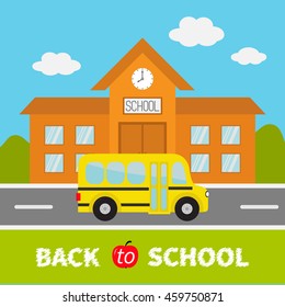 Back to school text. School building with clock and windows. City construction. Yellow school bus kids on the road. Side view. Cartoon education clipart collection. Flat design. Vector illustration