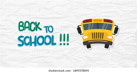 Volver al texto de la escuela con Bus sobre fondo a cuadros. Hoja de papel en ruinas. Ilustración del vector