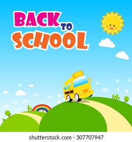 Back to school text, school bus on the green field with sun rainbow and blue sky vector illustration