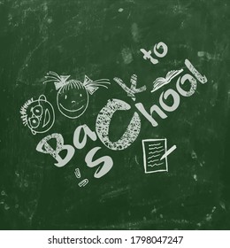 Back to school text. Chalk drawing on the blackboard. Vector illustration