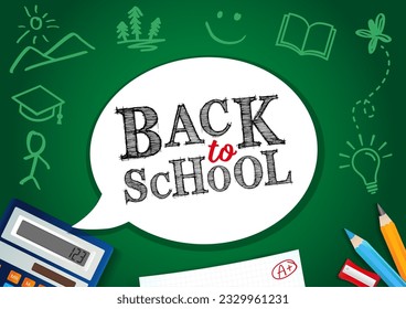 Back to school text chalk drawing in chat bubble on school blackboard with school subjects and student test. Vector illustration banner
