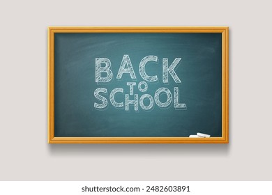 Back to School. Text and chalks on a school board with texture and wooden frame. Vector illustration.