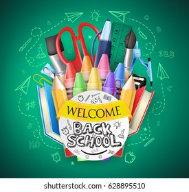 Back to School Text and Colorful School Items with Drawings in Green Chalkboard Background. Vector Illustration
