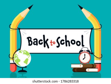 Back to school text concept decorative with various school stationery and pencil holding up sign, flat design background. Design element template can be used for banner, backdrop, wallpaper, vector illustration
