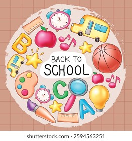 Back to school text, Doodle educational elements, supplies and items for learning. Vector illustration.