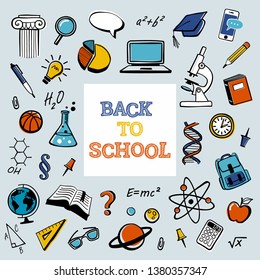 Back to school text. Doodle Knowledge Day illustration. Hand-drawn educational and science  symbols.