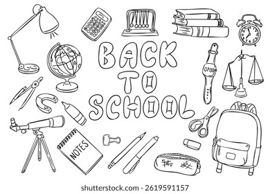 Back to school text with doodle style school supplies and learning objects on white background. Educational hand drawn vector for coloring pages, posters, and childrens creative projects