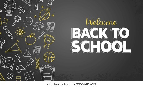 Back to school text drawing in blackboard with school elements. Vector illustration