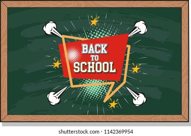 Back to school text drawing by colorful chalk in 

blackboard with school items and elements. Vector illustration 