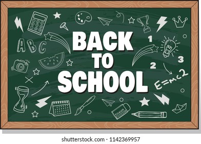 Back to school text drawing by colorful chalk in green board with school items and elements. Vector illustration 