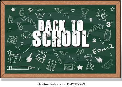 Back to school text drawing by colorful chalk on blackboard with school items and elements. Vector illustration 