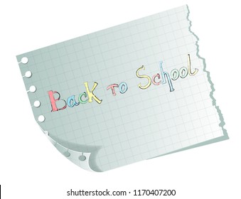 Back to school text drawing by crayon in paper notebook. Vector illustration.