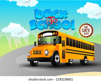 Back to school text drawing by colorful pencils, blackboard, bus, books with school items and elements
