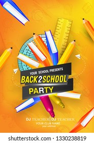 Back to school text drawing by colorful pencils, blackboard, bus, books with school items and elements