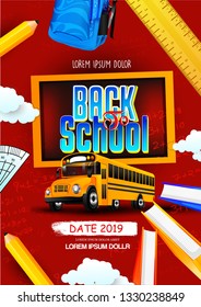 Back to school text drawing by colorful pencils, blackboard, bus, books with school items and elements