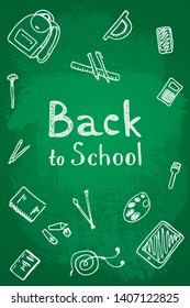 Back to School text drawing by chalk in blackboard with school items and elements. Vector