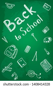 Back to School text drawing by chalk in blackboard with school items and elements. Vector