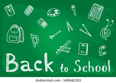 Back to School text drawing by chalk in blackboard with school items and elements. Vector - Vector
