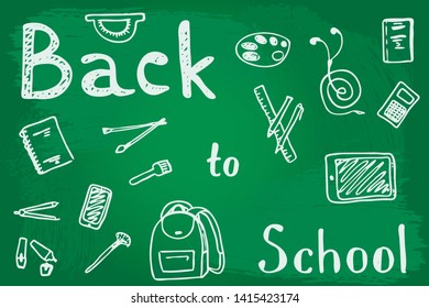 Back to School text drawing by chalk in blackboard with school items and elements. Vector - Vector
