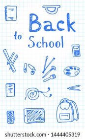 Back to School text drawing by pen on paper with school items and elements. Vector