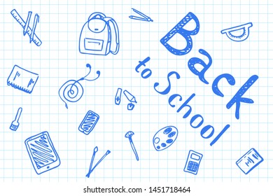 Back to School text drawing by pen on paper with school items and elements. Vector