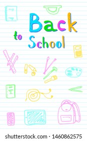 Back to School text drawing by color pens on lined paper with school items and elements. Vector