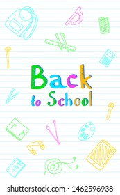 Back to School text drawing by color pens on lined paper with school items and elements. Vector