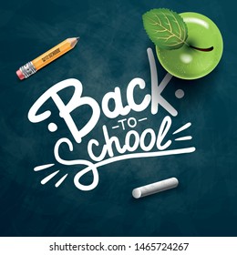 Back to school text drawing by colorful chalk in blackboard with school items and elements. Vector illustration banner.