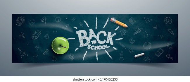 Back to school text drawing by colorful chalk in blackboard with apple, pencil, chalk. Vector illustration banner.