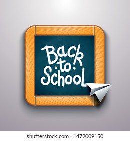 Back to school text drawing by colorful chalk in blackboard with paper plane. Vector illustration banner.