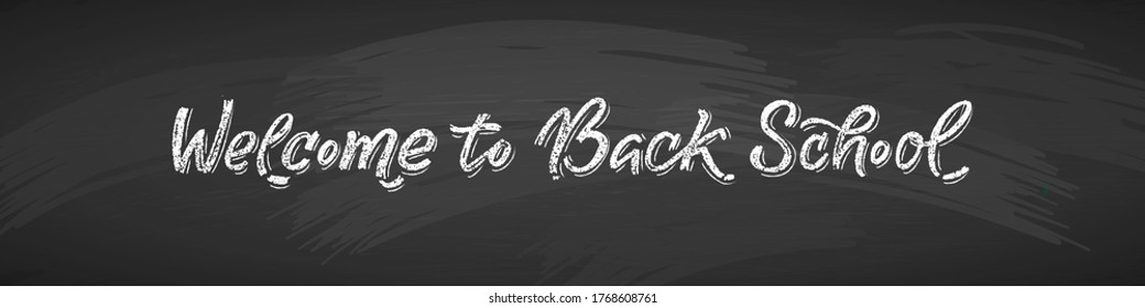 Back to school text drawing by white chalk in blackboard with school items and elements. Horizontal Vector illustration banner.