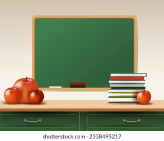 Back to school text drawing by colorful chalk in blackboard with school items. Back to school vector concept design