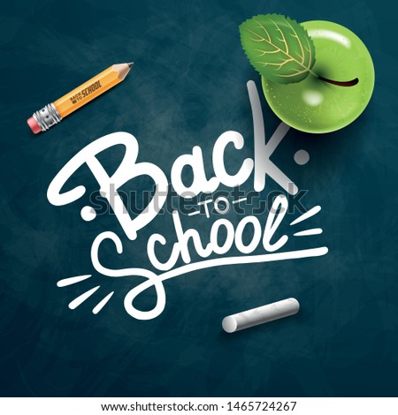 Back to school text drawing by colorful chalk in blackboard with school items and elements. Vector illustration banner.