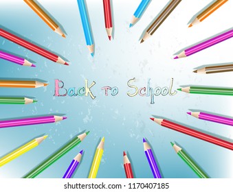 Back to school text drawing with colored pencils. Pencils are arranged in a circle. Vector illustration.
