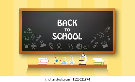 Back to school text drawing on black board with school items and elements, vector illustration