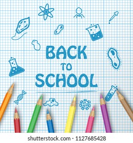 Back to school text drawing on paper graph with school items and elements and color pencils, vector illustration