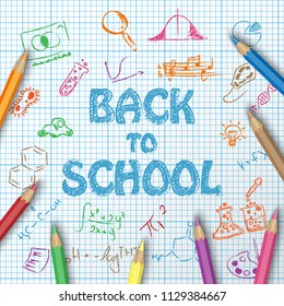 Back to school text drawing on paper graph with hand draw doodle school items and elements and color pencils, vector illustration