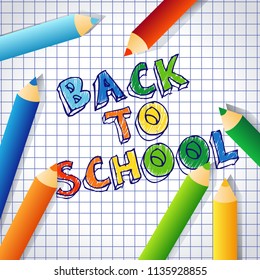 Back to school text drawing vector background banner with checked paper and coloured pencil