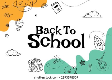 Back to school text with school elements and items, vector illustration banner