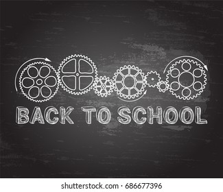Back to school text with gear wheels hand drawn on blackboard background

