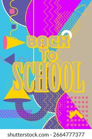 Back To School text with geometrical graphic retro theme background. Minimal geometric elements. Vintage abstract shapes vector illustration.