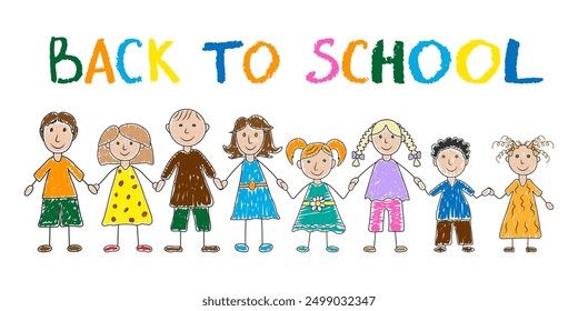 Back to school text and group of happy kids hand drawn style. Vector illustration