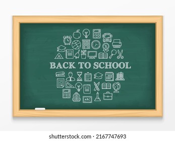 Back to school text and hand drawn icons on chalkboard, vector eps10 illustration
