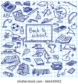 back to school text and hand drawn set silhouettes on squared paper, sketch, doodle, vector isolated on white. eraser, globe, glue, goggles, graduate, laptop, leaves, pen, pencil For decoration prints