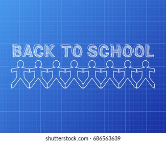 Back to school text hand drawn with paper people on blueprint background