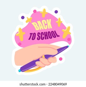 Volver al texto escolar con bolígrafo de mano. Ciencia y educación. Ilustración vectorial en el diseño de pegatinas de dibujos animados