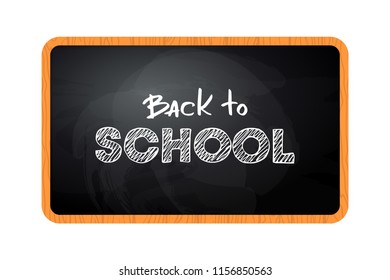 Back to school text handwritten by white chalk in blackboard on black chalkboard. Vector illustration banner.