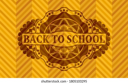 Back to School text inside abstract orange color realistic emblem. Geometric exquisite background. Vector illustration. 